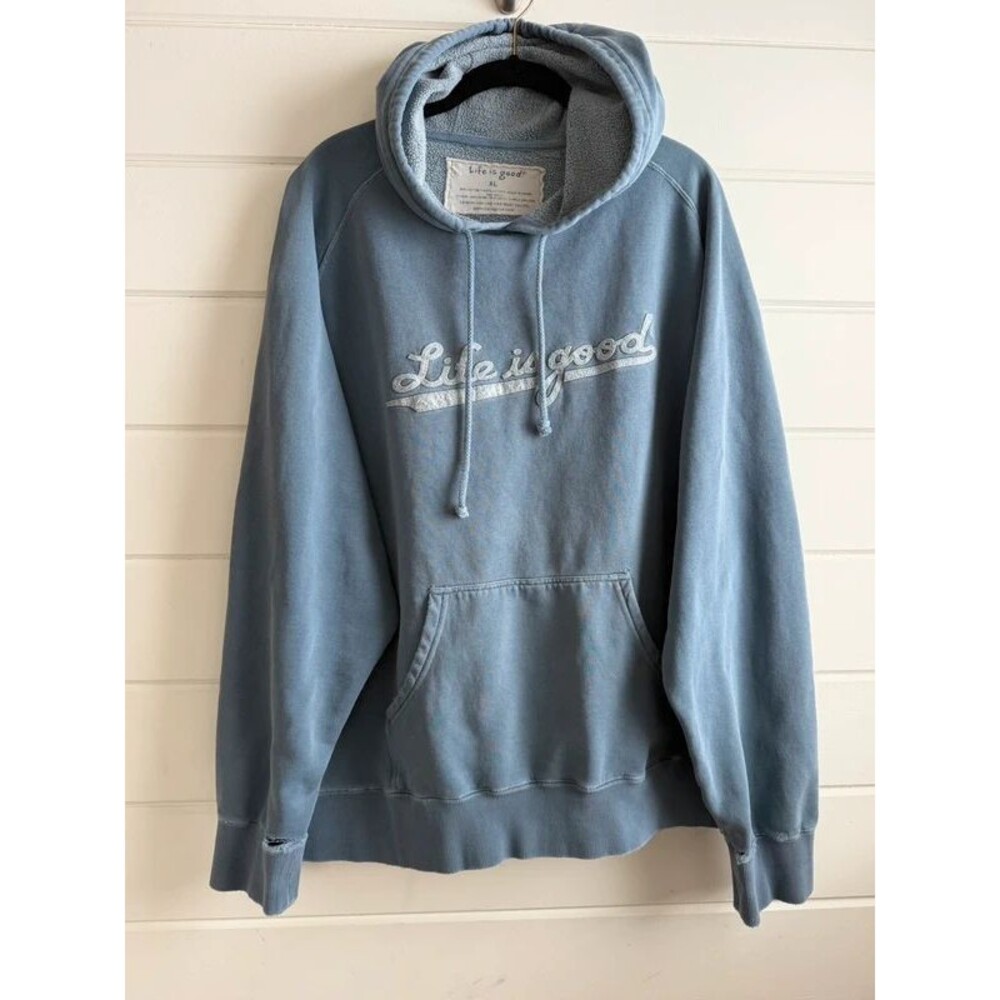 Life is Good Embroidered Script Hoodie Blue Extra Large XL Distressed